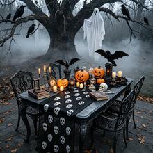 Halloween Pumpkin Table Centerpiece With Skull Tablecloth, Spooky Candle Holder And Pumpkin Lantern Decor, Suitable For Outdoor Patio, Halloween Party Venue And Home Decoration - Black - View 4