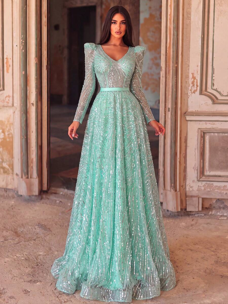 Faeriesty Haute Glamour Luxurious Deep V-Neck Sheer Beaded Formal Evening Gown Wedding Party Fall - Mint Green - View 1