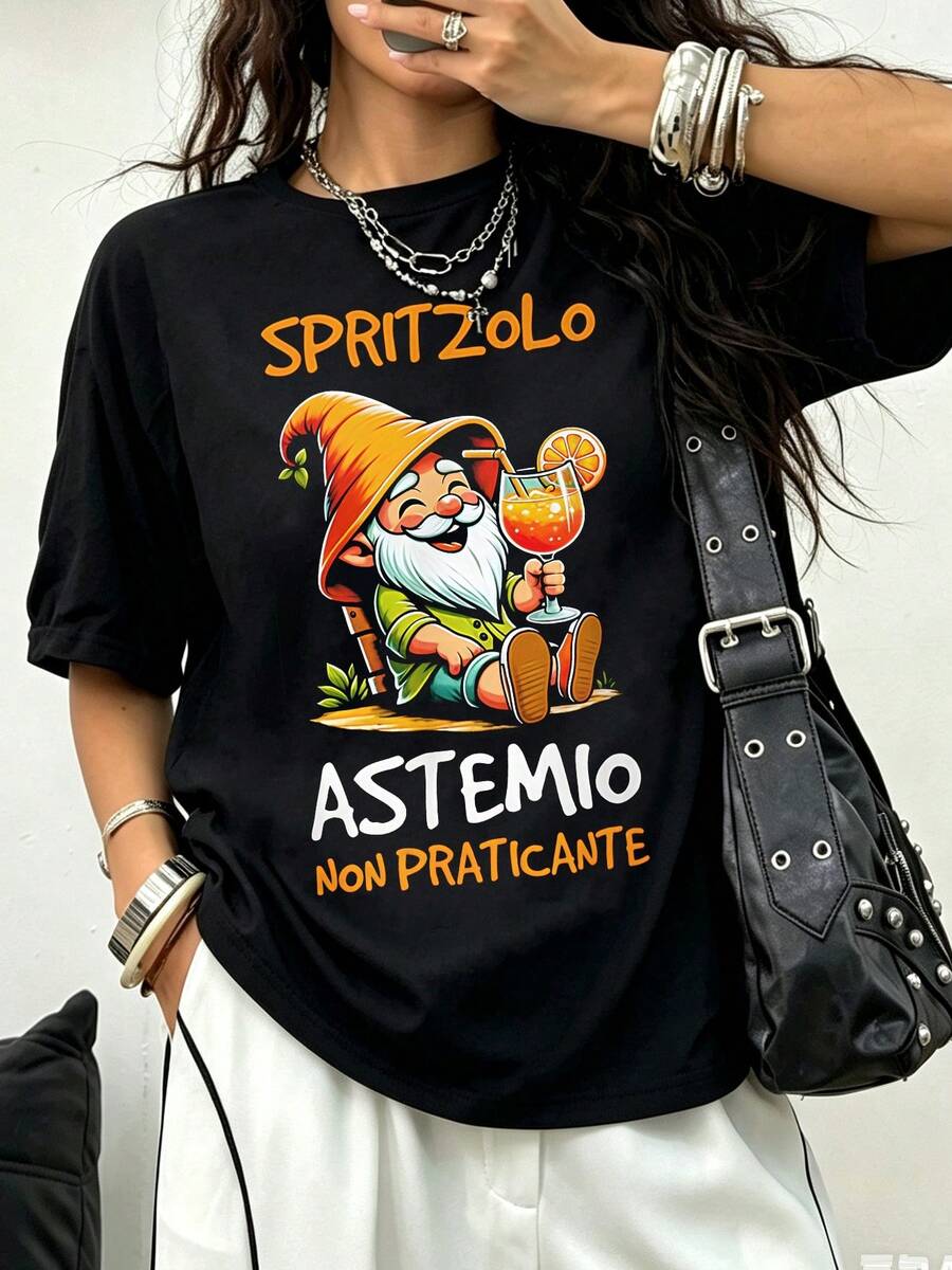 Süßes Gnome Cocktail Italienisches-Zitat Muster Damen Baumwolle Lässig-Ärmel-T-Shirt Sprotzolo - Schwarz - Übersicht 1