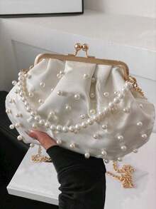 Pearl Chain Fashion Clasp Handbag For Daily Use, Dating, Evening Party, Crossbody Bag - Beige - View 2