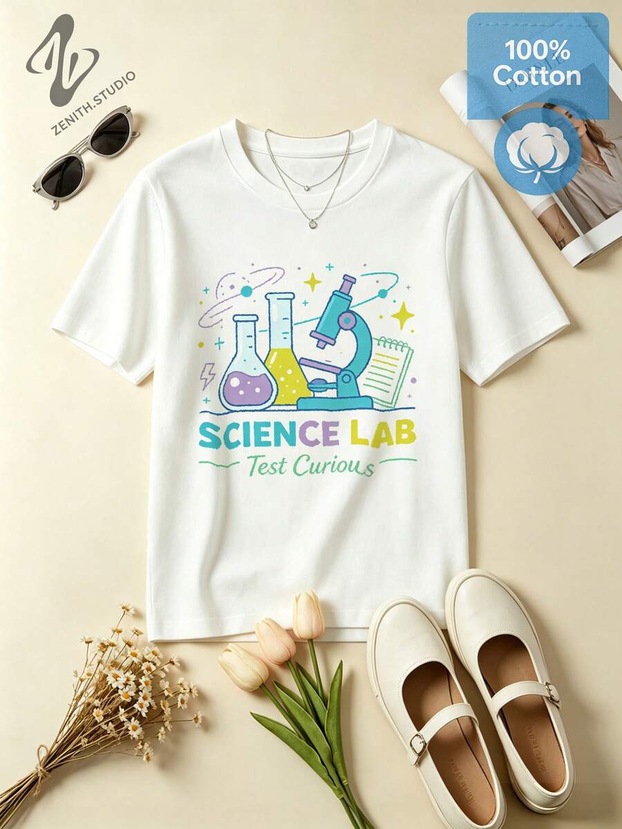 SCIENCE LAB Fun Lab Print Cotton Short Sleeve T-Shirt Science Lover Style Chemistry Gift - 白色 - 查看 1