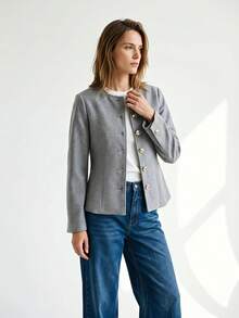Autumn/Winter Grey Round Neck Gold Round Button Cinched Waist Short Overcoat, Minimalist Fine Tweed Texture French Commuter Jacket - Grey - View 9
