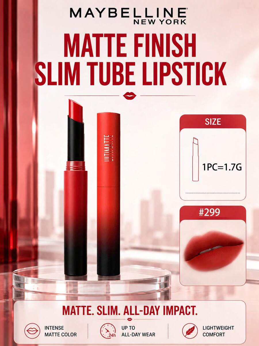 Maybelline 美寶林 Matte Mist Slim 唇膏 #299 1.7g，巧克力色調，霧面妝效，不乾澀，輕盈絲滑，豐盈唇部，日常上鏡妝容