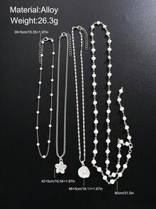 4pcs/Set Fashion Elegant Women's Floral Faux Pearl Shell Pendant Thin Chain Necklace Set, Layerable, Suitable For Daily Wear, Birthday, Party, Vacation, All Year Round, Holiday Gift, Perfect Gift Choice - Silver - View 7