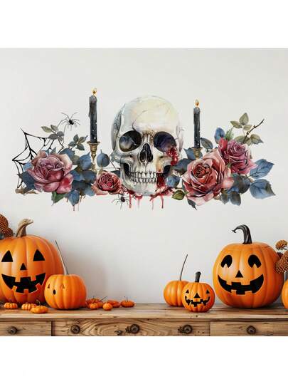 1PC Watercolor Skull Rose Candle Spider Floral Wreath Wall Sticker, Removable Peel And Stick Gothic Blood Drip Halloween Vinyl Decal For Sofa Background Fireplace Mantel Decor