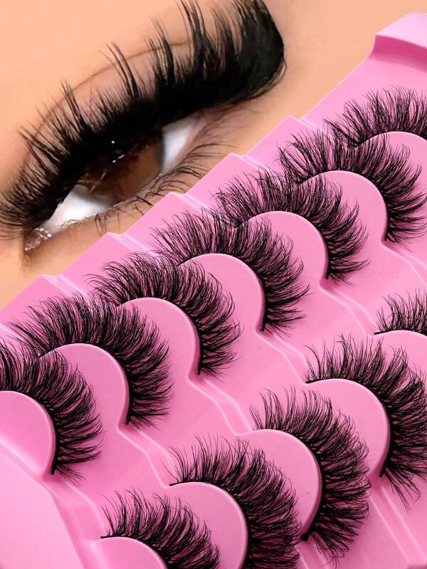 1pc/7 Pairs New D-Curl Dense Russian Volume Natural Fluffy False Eyelashes, Classic Cat Eye Mink Faux Lashes, Cross Fine Dense 5D False Eyelashes, Soft Natural Makeup Look Lash Extensions For Makeup, Create Natural Makeup Look
