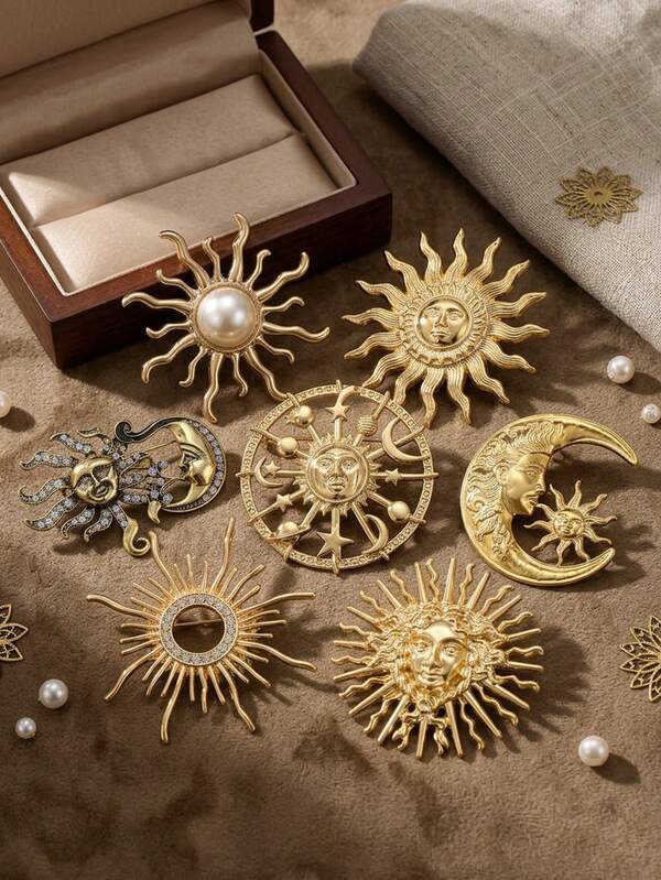 Broches de lujo brillantes con diseño de luna y sol - Alfileres naturales para mujeres y unisex, accesorios casuales para fiestas / Regalos para amigos, insignias decorativas