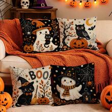 4pcs/1pc Cartoon Ghost Black Cat Halloween Pattern Pillowcase, Single-Sided Printed Pillowcase, Suitable For Living Room Bedroom Home Decor, All Season Pillowcase - Multicolor - View 2