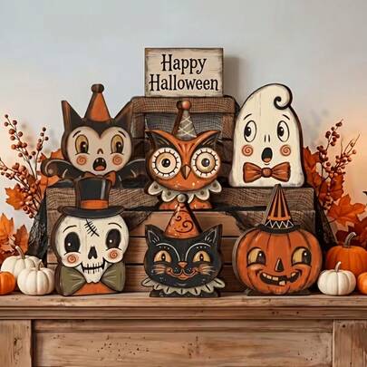 1pc Vintage Halloween Character Wooden Block Decor, Place Between Your Favorite Books To Instantly Enhance The Holiday Atmosphere. Add A Touch Of Halloween Cheer To Your Workspace Or Home Office. Cute Pumpkin, Ghost, Cat, Owl Decorations Create An Eerie Autumn Home Decor.