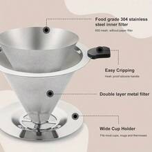 1pc Stainless Steel Double-Layer Coffee Filter, Silicone Handle Design, Easy To Clean, Reusable, Portable, For Filtering Coffee, Hot Drinks, Tea, Suitable For Home, Office, Restaurant - Silver - View 6