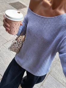 Sweater Pullover Rajut Bahu Terbuka Wanita, Atasan Rajut Bergaris Asimetris Lengan Panjang, Elastisitas Sedang, Panjang Reguler, Cocok untuk Musim Semi dan Gugur - Mauve Purple - View 3