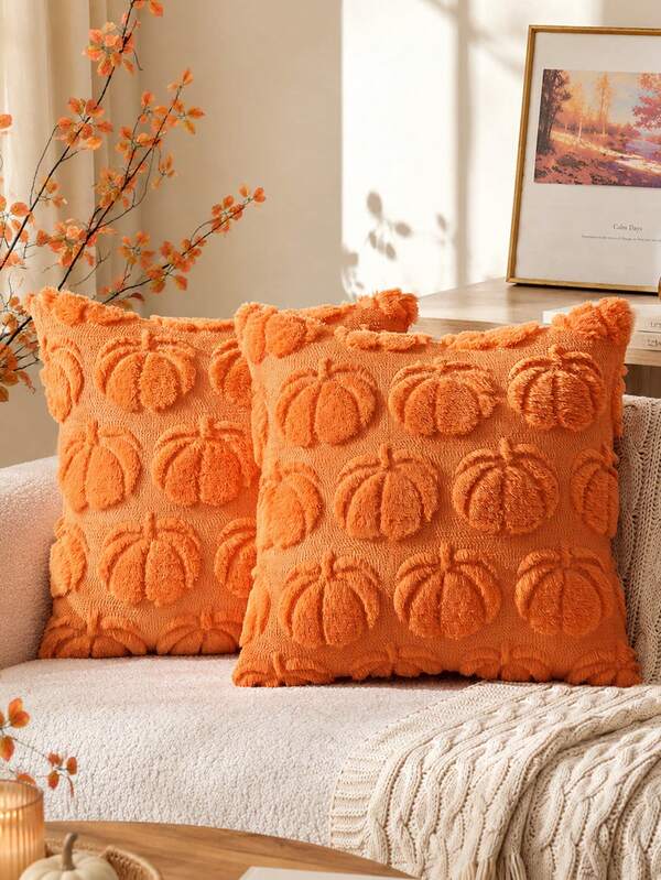 1pc Halloween Pumpkin Decorative Pillow Case, Soft Plush Faux Fur Farmhouse Style Cushion Cover, Suitable For Autumn Holiday Home Decor