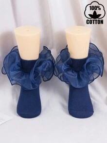 1 Pair Cotton Lace Trim Solid Color Dance Socks For Kids, Suitable For Spring, Summer, Autumn - Blue - View 14