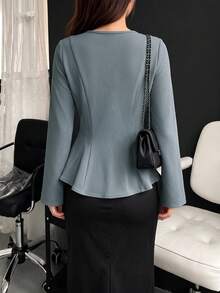 Women's Knitted Long Sleeve Top, Ruffle Hem, Round Neck, Regular Sleeve, Flared Hem, Suitable For Autumn Wear. - Grey - View 6