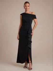 EVERPRETTY Elegant Asymmetrical Shoulder Ruffle Mermaid Black Mid-Length Evening Dress, Suitable For Formal Occasions, Evening Parties, Weddings, Guest Dress - Black - View 5