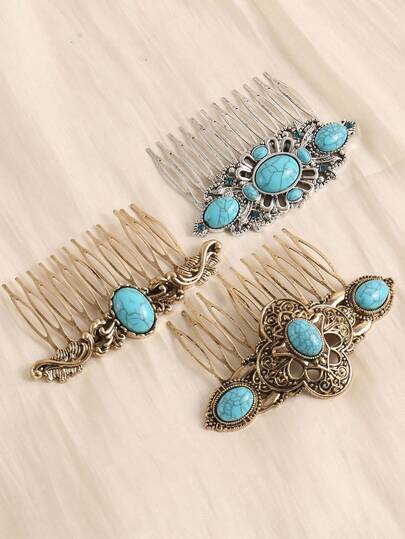 1PC Bohemian Baroque Artificial Turquoise Vintage Distressed Effect Painted Halloween Bohemian Zinc Alloy Hair Comb Hair Accessory All Seasons