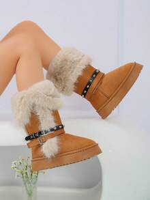 Women's Rivet Belt High-Top Snow Boots, Thick Sole Thermal Lined Warm Long Boots - Camel - View 1