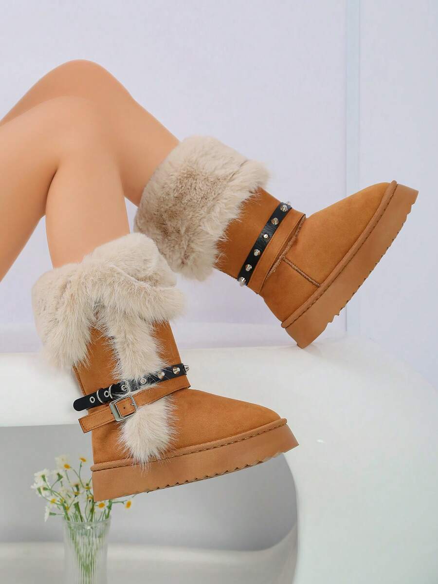 Women's Rivet Belt High-Top Snow Boots, Thick Sole Thermal Lined Warm Long Boots - Camel - View 1