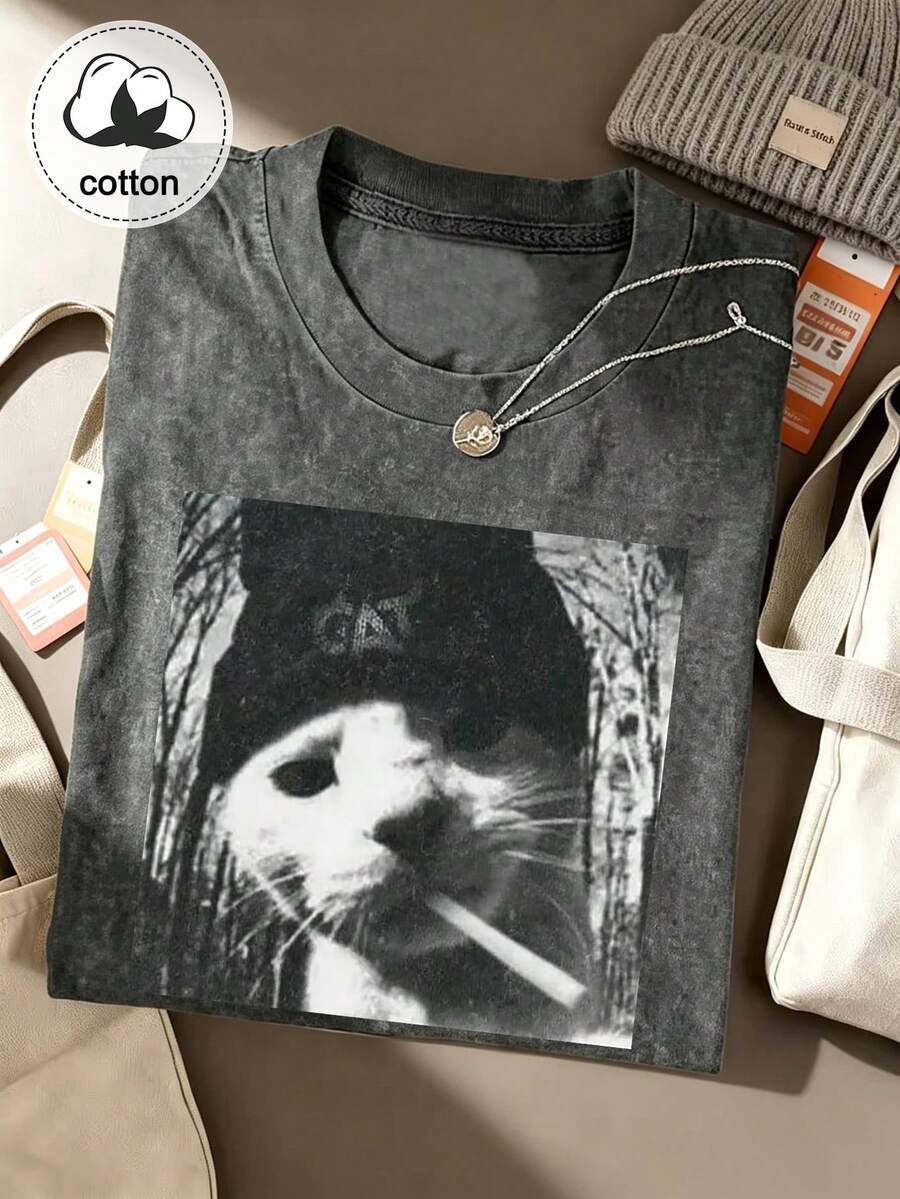 Cool Abstract Cat Print Distressed T-Shirt – Women's Washed Cotton Tee, Vintage-Style Distressed Shirt – Spring/Summer Fashion Black Casual - Black - View 1