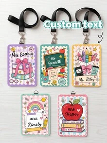 1pc Customized Teacher Name Badge Lanyard, Personalized School Supplies Graffiti ID Card Holder, Back To School, Teacher Appreciation Gift, Luggage Name Tag - Multicolor - View 2