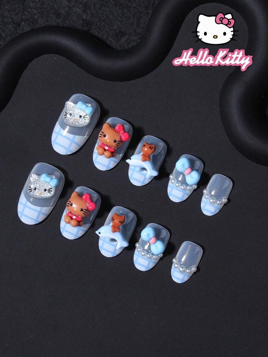 Sanrio Hello Kitty 24片短橢圓藍色格紋法式穿戴甲,附可愛3D Hello Kitty、蝴蝶結與海豚設計,完美貼合壓克力假指甲組,含1片果凍膠與1片指甲锉,適合女孩日常與派對使用 - 彩色 - 查看 1