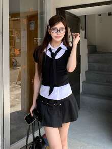 Korean Style Color Block Patchwork 2 In 1 T-Shirt (No Tie) Casual Summer - Black and White - View 9