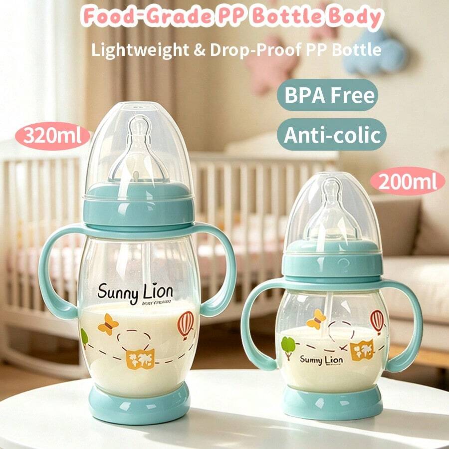 1pc PP Material Baby Milk Bottle, Heat Resistant Up To 120℃, Can Be Sterilized By Boiling Water, Soft Silicone Anti-Colic Nipple, Soft And Bite-Resistant, Equipped With Gravity Ball Straw For Smoother Sucking, 200ml/320ml Capacity Suitable For Babies 6 Months And Above - Multicolor - View 1