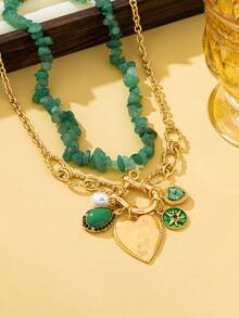 2 piezas/Set Collar de Estilo Bohemio con Colgante de Guijarro/Corazón/Gota de Agua, Adecuado para Vacaciones/Fiestas/Uso Diario de Mujeres - Multicolor - Ver 5