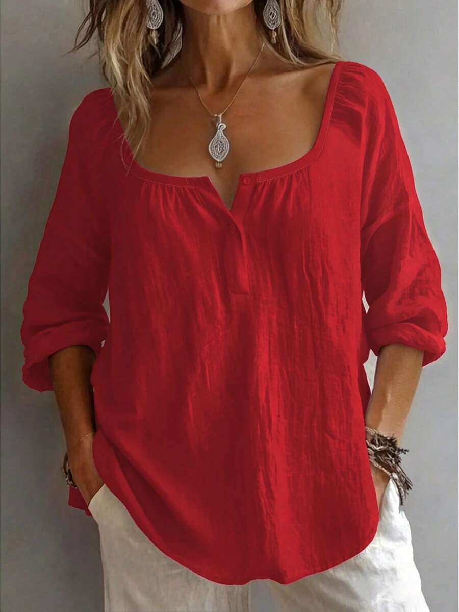 Plus Size Women's Solid Color Button Design Half-Open Front Shirt Comfortable For Daily Wear Red - Red - View 1