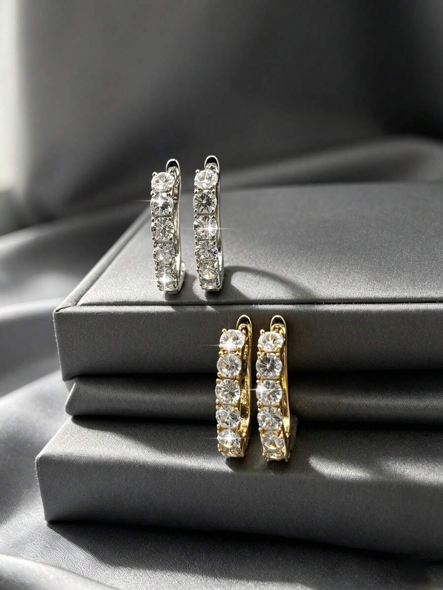 2 Pairs Luxury Elegant Copper Inlaid Zirconia Geometric U-Shaped Ear Cuffs, Round Earrings Set For Women, Dating Gift - Multicolor - View 1