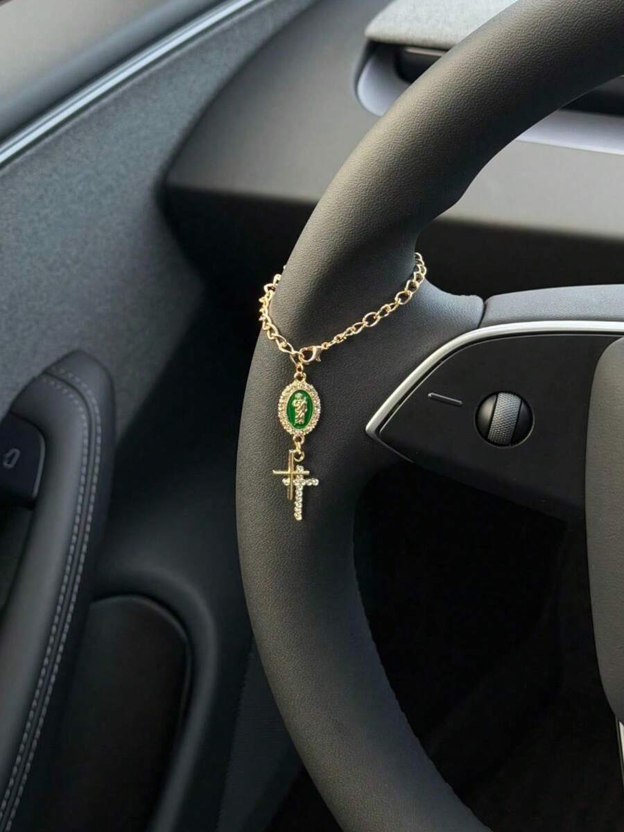 1件方向盤裝飾品,可愛創意玫瑰念珠汽車吊飾配件,獨特時尚汽車掛飾 - 十字架 - 查看 1