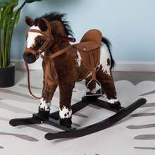 Children's Wooden Plush Ride-On Rocking Horse Toy, With, Dark Brown/White - Dark Brown - View 1