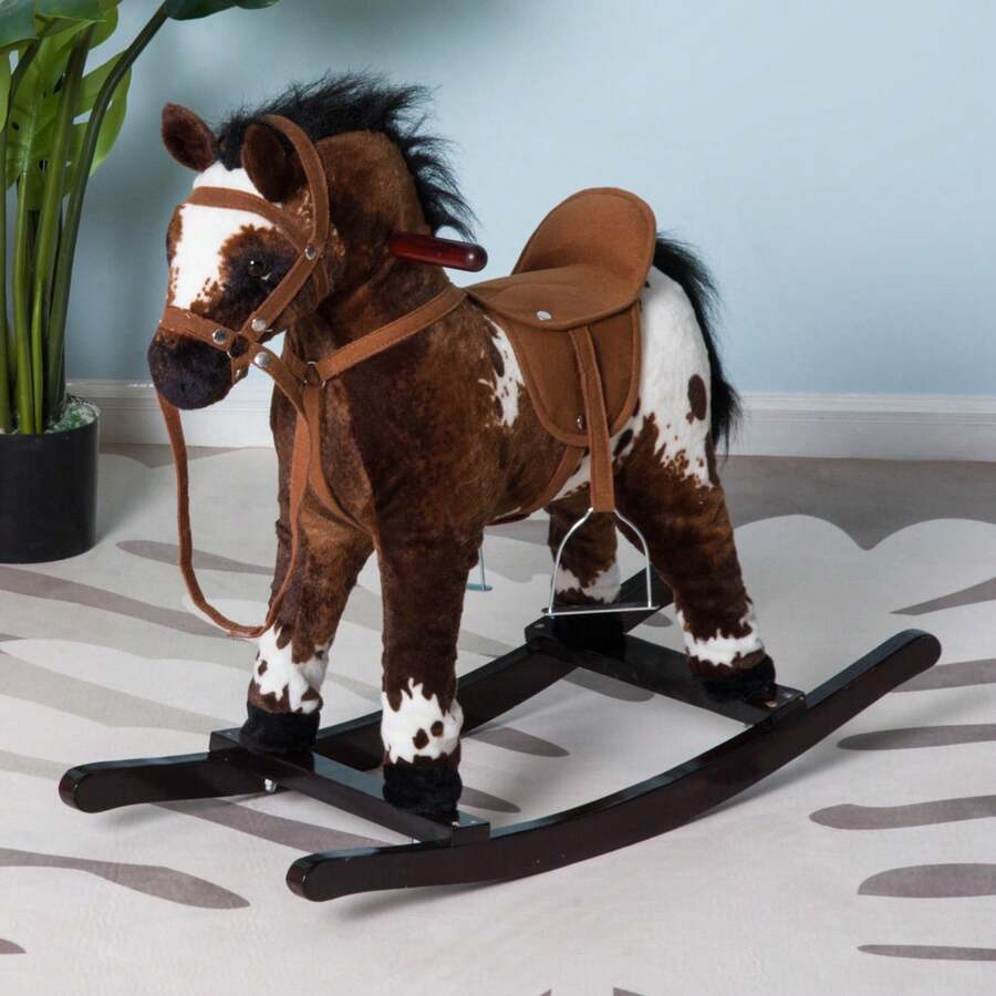 Children's Wooden Plush Ride-On Rocking Horse Toy, With, Dark Brown/White - Dark Brown - View 1