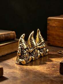 Vintage Distressed Brass Three Wise Monkeys Gnome Figurine, See No Evil Hear No Evil Speak No Evil Creative Desktop Copper Decor, Mini Fairy Tale Dwarf Statue, Study Tea Table Office Desk Collectible, Bedroom Bookshelf Coffee Shop Gift, Carved Pointed Hat Long Beard Design, Versatile Retro Miniature Desktop Landscape Decoration - 1PC - View 8