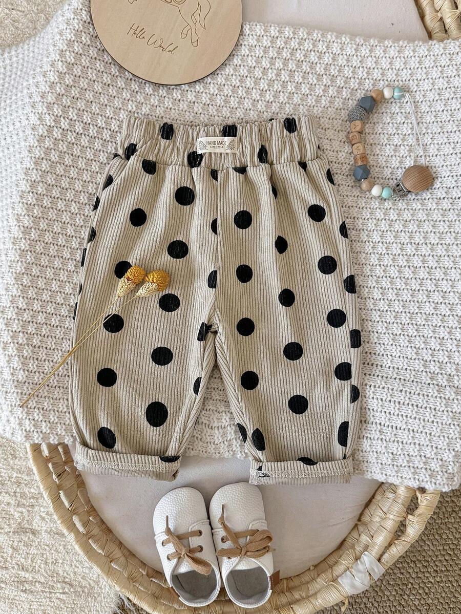 Baby Girl Black Polka Dot Decor Cuffed Pants, Elastic Waist, Versatile Loose Stretch Casual Long Pants