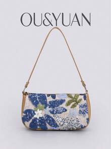 亮片刺繡花卉法棍包 女款時尚百搭串珠縫線腋下包 對比色刺繡拉鍊單肩包（隨機花紋） - 彩色 - 查看 2
