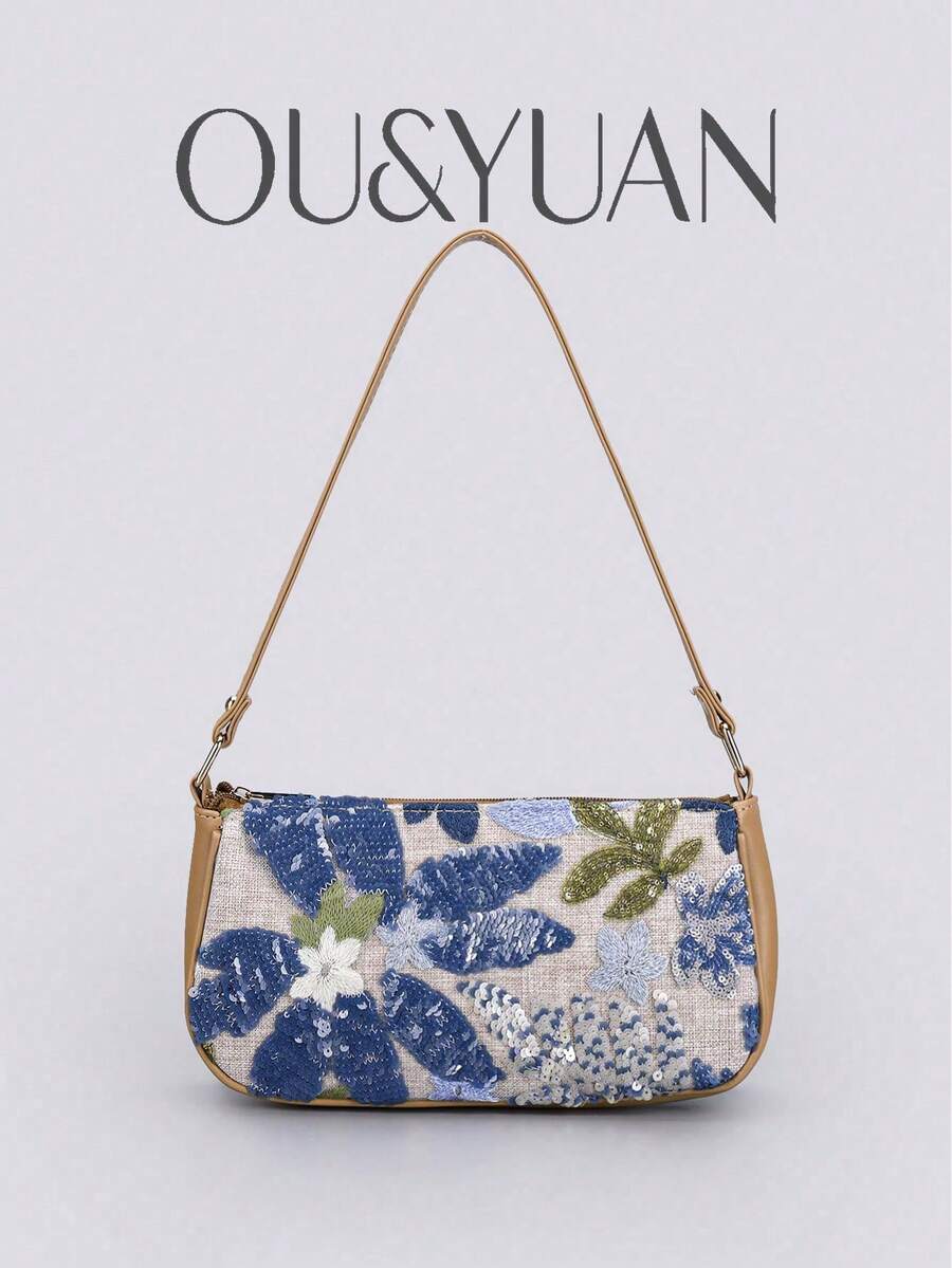 亮片刺繡花卉法棍包 女款時尚百搭串珠縫線腋下包 對比色刺繡拉鍊單肩包（隨機花紋）