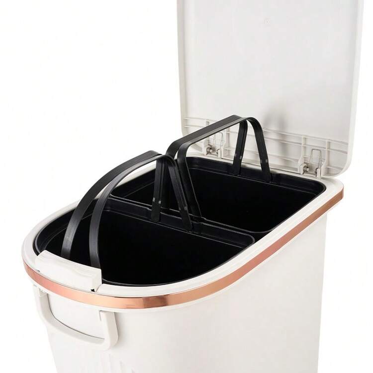 2-Tier Rolling Kitchen Waste Bin With Separate Dry & Wet Compartments – Space-Saving Slim Design, Easy-Glide Wheels, Includes 2 Removable Plastic Inner Buckets For Organized Recycling And Daily Waste Sorting - White - View 9