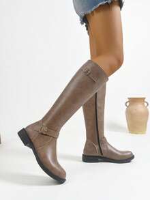 Fashion PU Leather Slimming Tall Boots For Women, Autumn/Winter New Side Zipper Mid-Calf Riding Boots - Khaki - View 6
