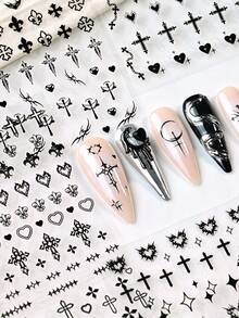 6 Sheets Y2K Gothic Cross Nail Art Decals, Black Punk 3D Cross Moon Star Nail Stickers, Self-Adhesive Metallic Cross & Starlight DIY Manicure Supplies For Women - Black - View 7