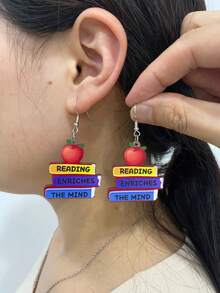 4Pairs/Set Casual Wood Letter Apple Pencil Sunflower Printed Drop Earrings For Women Girls For Students Back To School Season Or Teacher's Day Jewelry - Multicolor - View 3