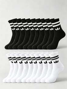 1/5/10 Pairs Men's Striped Solid Color Mid-Calf Sports Socks, Couple Style, Moisture-Wicking Breathable Casual Socks, Unisex, Suitable For Daily Wear - Black and White - View 3