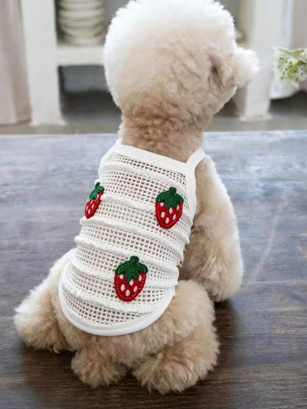 Summer Hollow Strap Tank Top Embroidered Strawberry Breathable Teddy Bichon Dog Cat Pet Clothes For Small Puppies