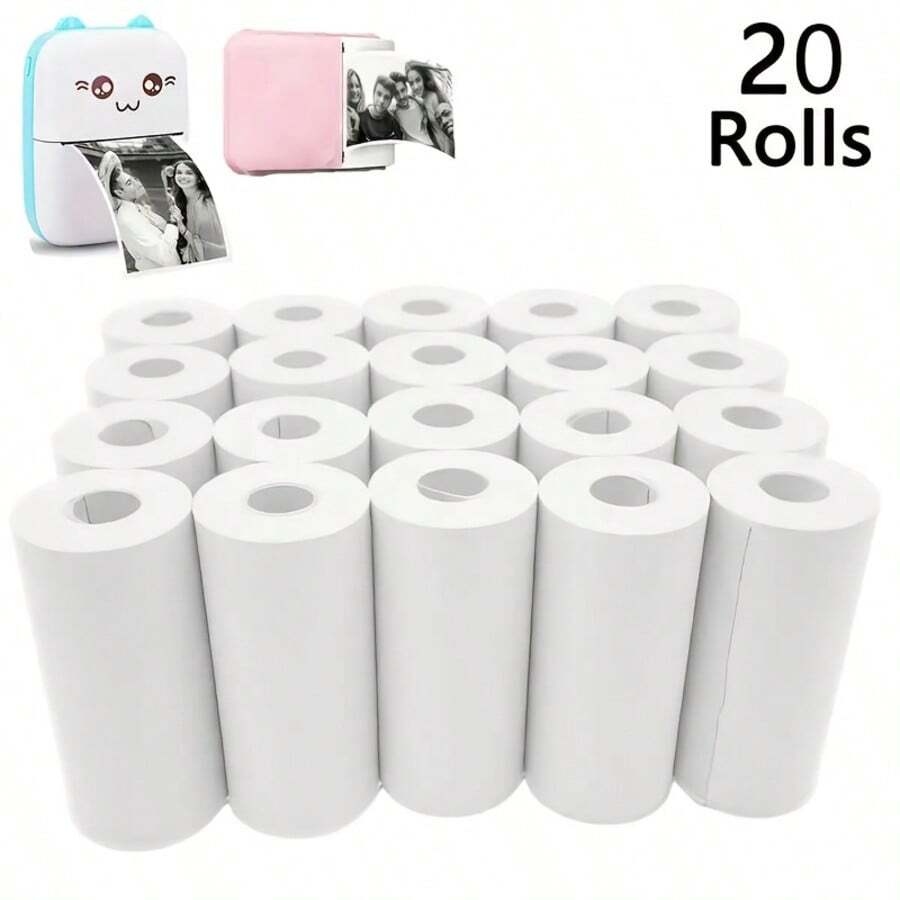 20 捲 57x25mm 白色熱感紙捲，無黏性空白補充紙，適用於迷你口袋印表機，清晰列印學習筆記、備忘錄清單、收據、DIY 手作，相容 PeriPage、PAPERANG、Poooli、即拍即得相機