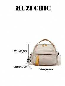 Cream White Contrast Mini Square Hand Bag, Double Top Handles Dual Zipper Tabs Front Snap Pocket Detachable Daily Shopping - Beige - View 2