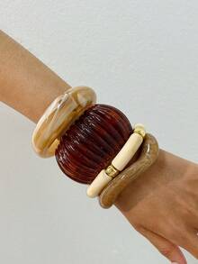 Vintage 4pcs/1pc Fashion Elegant Exaggerated Old Money Style Geometric Irregular Brown Beige Acrylic Vertical Strip Bamboo Joint Elastic Bracelet Stacked Curved Wide Face Coffee Color Resin Tie Dye Open Bangle Set Minimalist Unique Chunky Y2K Stacked Jewelry Suitable For Women Summer Beach Vacation Party Gathering Date Gift Daily Wear Versatile Jewelry - Multicolor - View 3