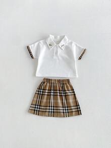 Miniweenns Baby Girl Preppy Back To School Summer Letter Embroidered Polo Collar Set, White & Brown Plaid Short Sleeve Top + Skirt 2-Piece Outfit - Multicolor - View 16