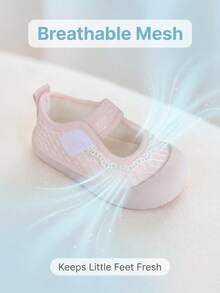 1 Pair Toddler Girls Lace Butterfly Embroidered Mary Jane Shoes, Mesh Hook & Loop Flat Shoes, All-Season Daily Wear (Size Based On Insole Cm) - Baby Pink - View 4