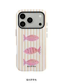 GIIPPA 1件淺橘色條紋背景配粉色魚紋設計手機殼，適用於Phone 17 Pro Max，兼容Phone 16 Pro Max、15 Pro Max、14 Pro Max，韓系高端時尚趣味手機殼，兼容11/12/13/14/15/16 Pro Max Plus，優雅設計男女皆宜，聖誕節、情人節、復活節、婚禮季與生日送女友的完美禮物！ - 橘色 - 查看 1