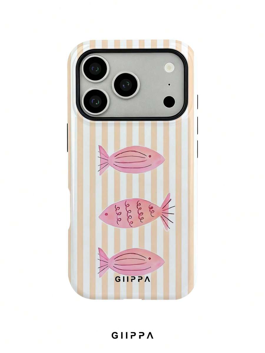 GIIPPA 1件淺橘色條紋背景配粉色魚紋設計手機殼,適用於Phone 17 Pro Max,兼容Phone 16 Pro Max、15 Pro Max、14 Pro Max,韓系高端時尚趣味手機殼,兼容11/12/13/14/15/16 Pro Max Plus,優雅設計男女皆宜,聖誕節、情人節、復活節、婚禮季與生日送女友的完美禮物! - 橘色 - 查看 1